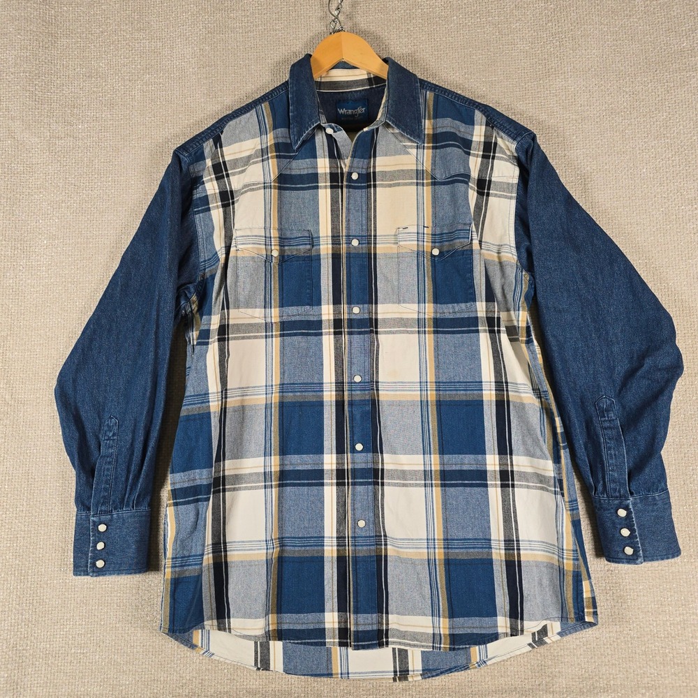 Wrangler Western Shirt Mens XL? Blue Plaid Denim Mixed Media Snap Front